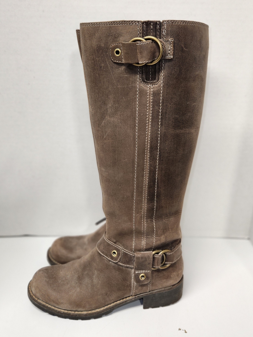 Clarks Taupe Brown Over-the-Knee Leather Buckle Boots
